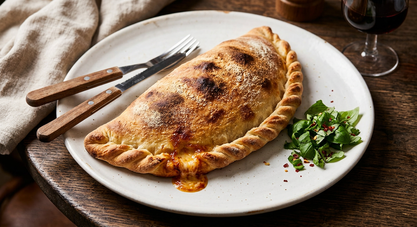 Golden brown calzone with melted cheese oozing out, accompanied by fresh spinach and chili flakes on a white plate.